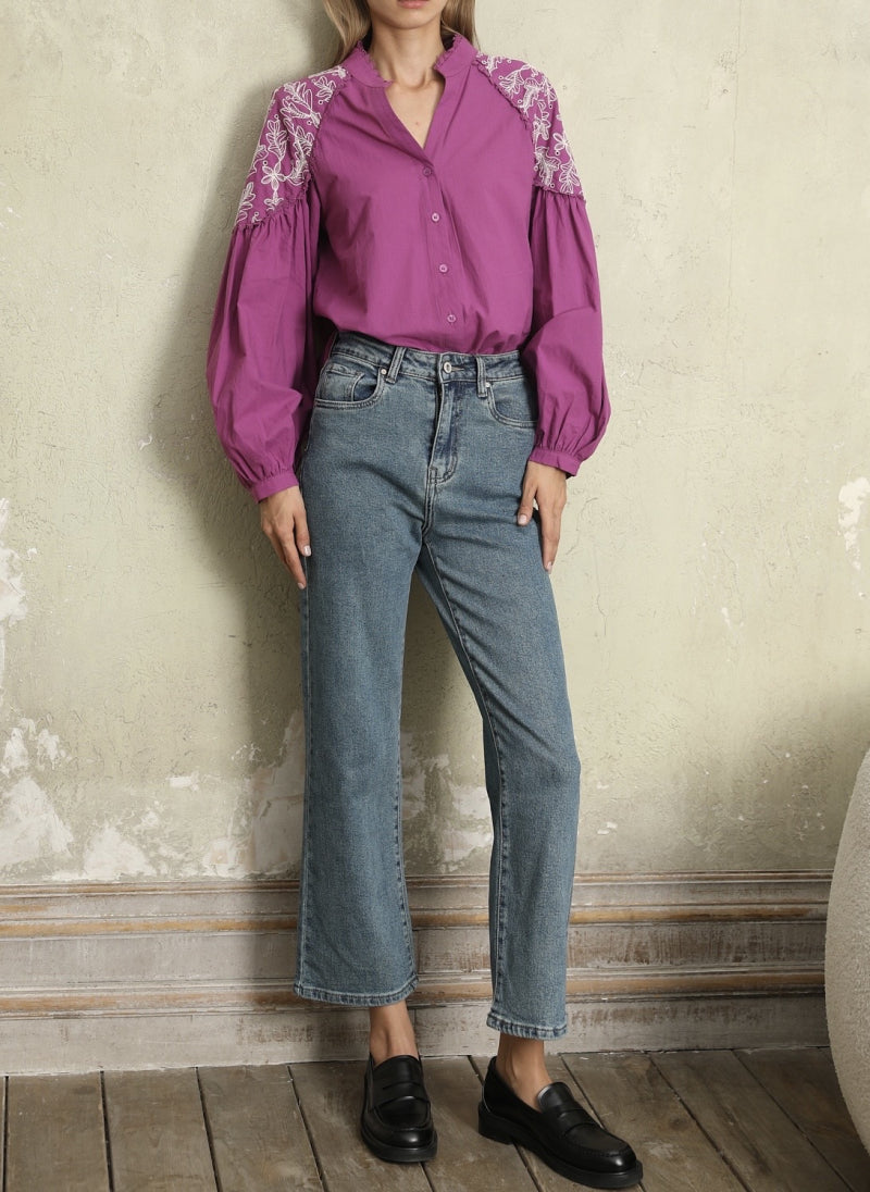 Petra purple embroidered sleeve blouse