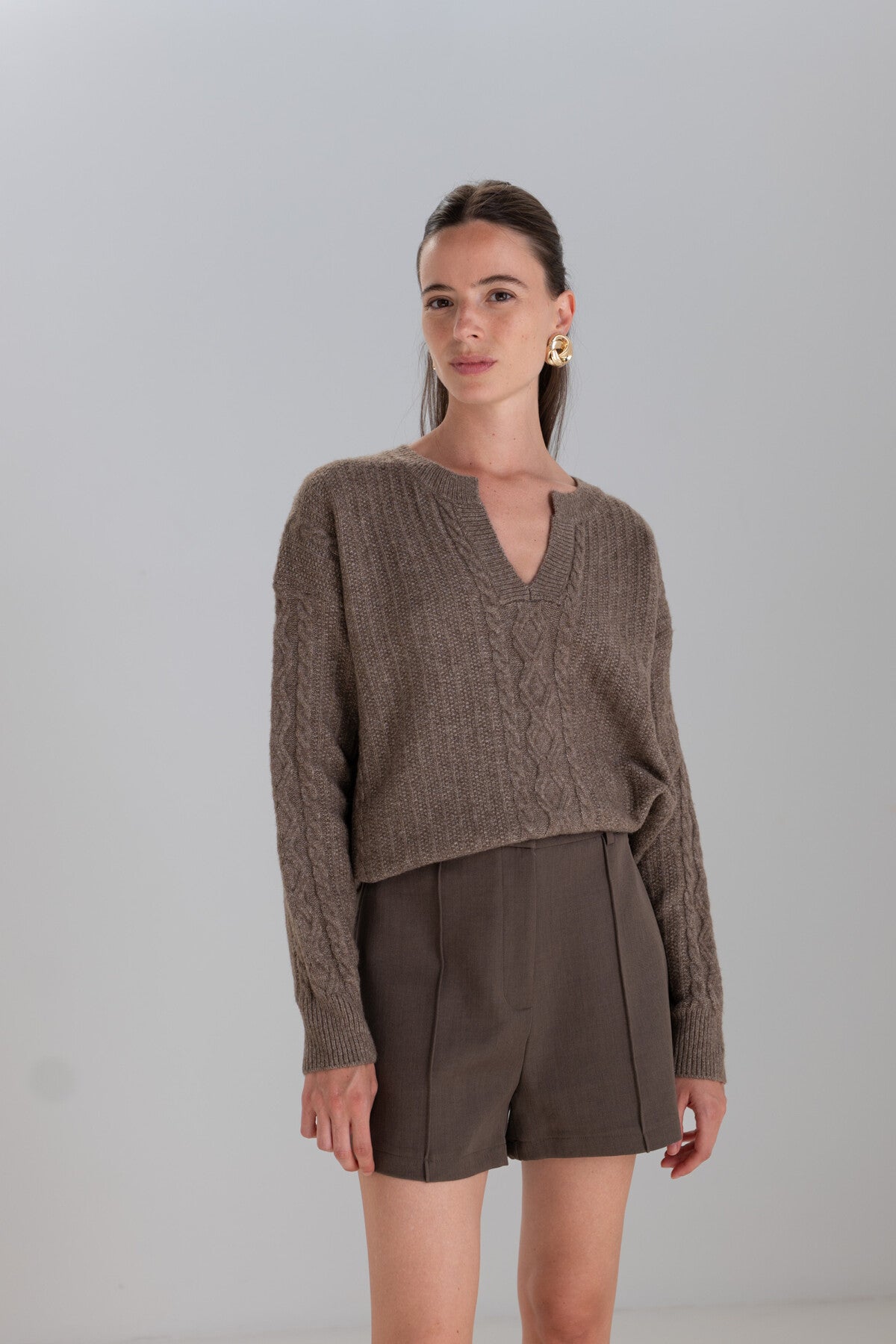 Tabitha cable knit brown v neck jumper