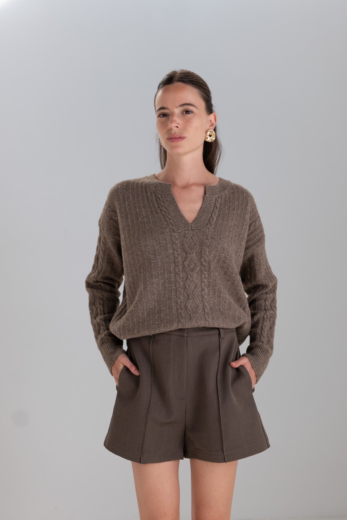 Tabitha cable knit brown v neck jumper