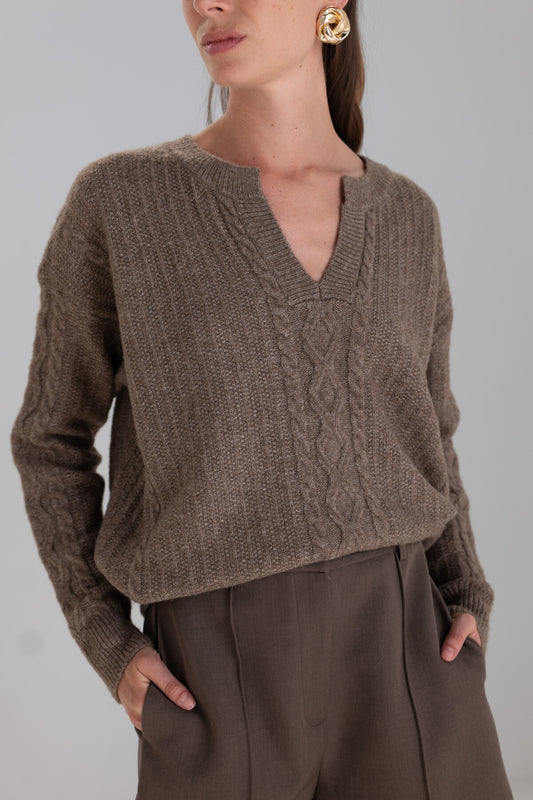 Tabitha cable knit brown v neck jumper