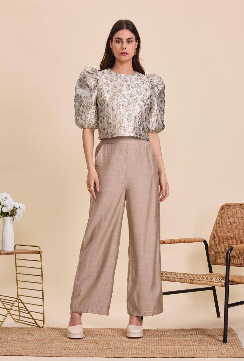 Olivia green jacquard balloon sleeve top