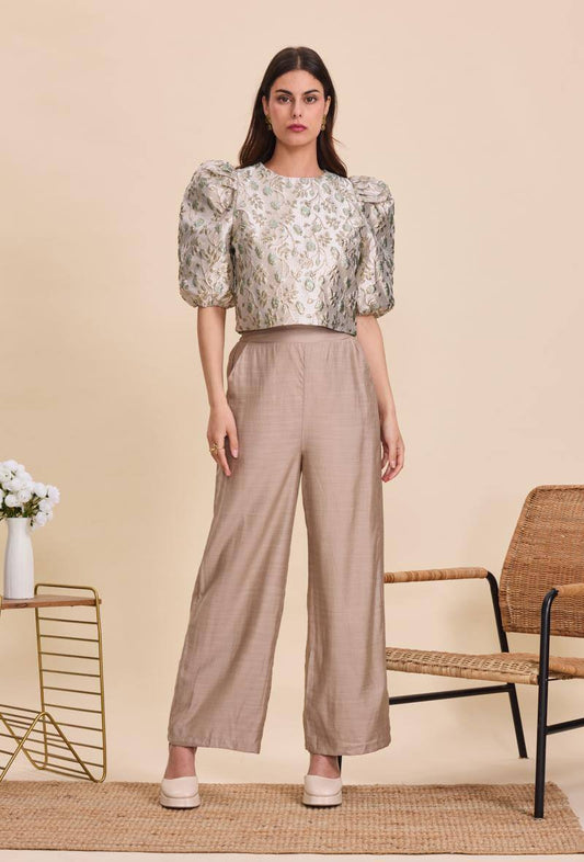 Olivia green jacquard balloon sleeve top