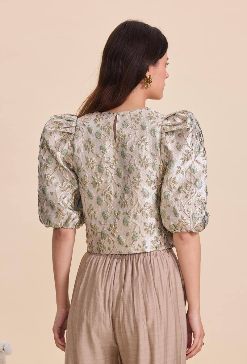 Olivia green jacquard balloon sleeve top