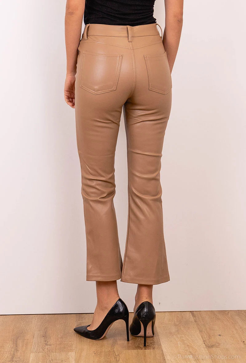 Beige leather wide leg flare trousers