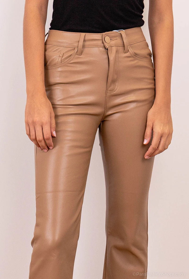 Beige leather wide leg flare trousers