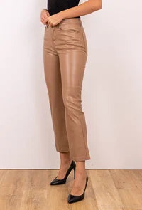 Beige leather wide leg flare trousers