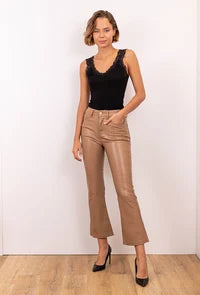 Beige leather wide leg flare trousers