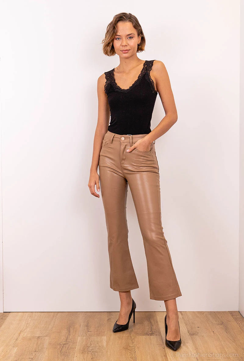 Beige leather wide leg flare trousers