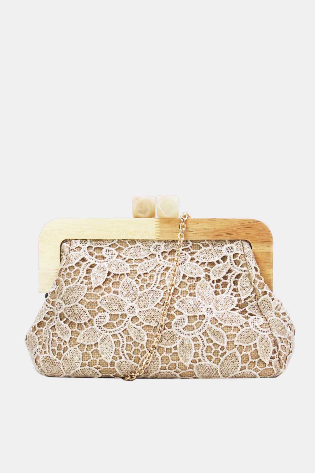 Eva floral embroidery wooden clutch bag