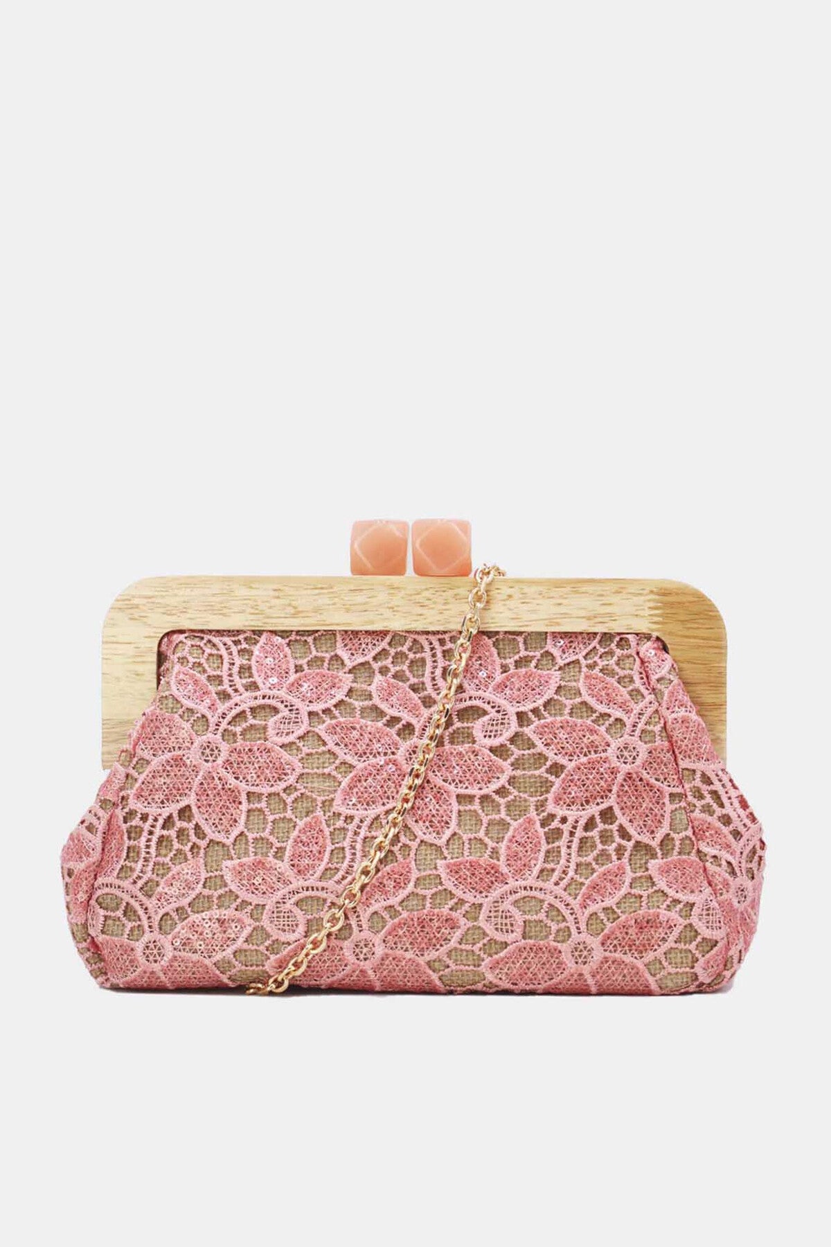 Eva pink floral embroidery wooden clutch bag