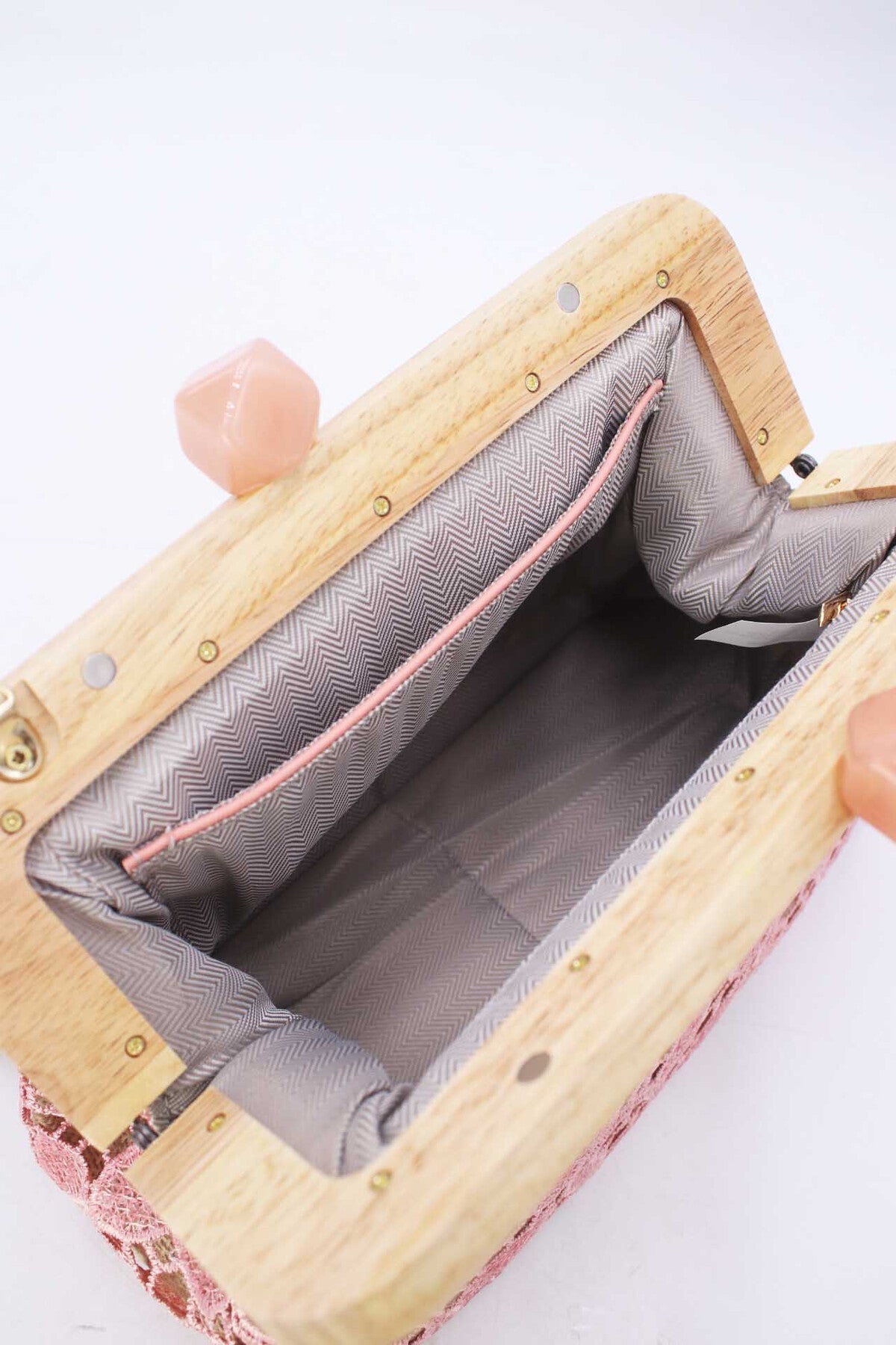 Eva pink floral embroidery wooden clutch bag