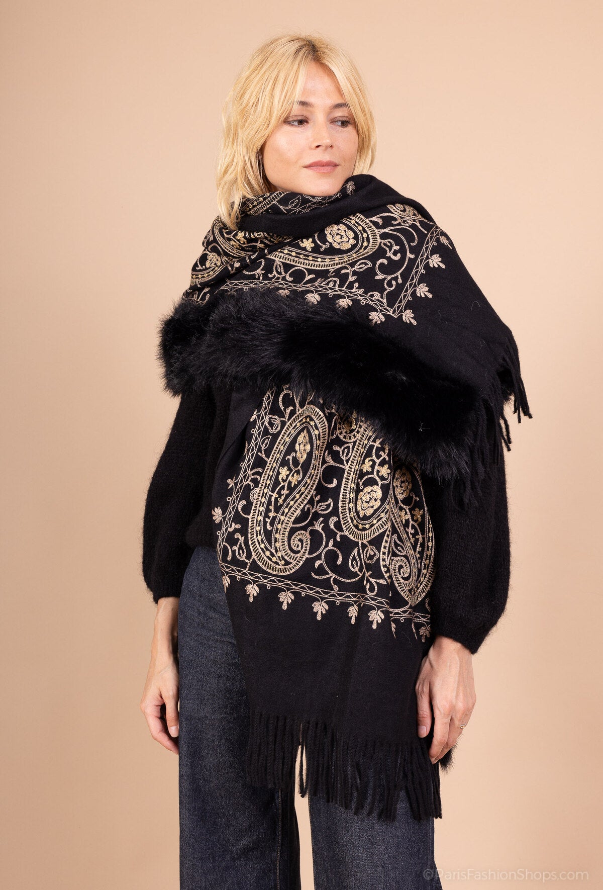 Adele embroidered black poncho fur trim cape