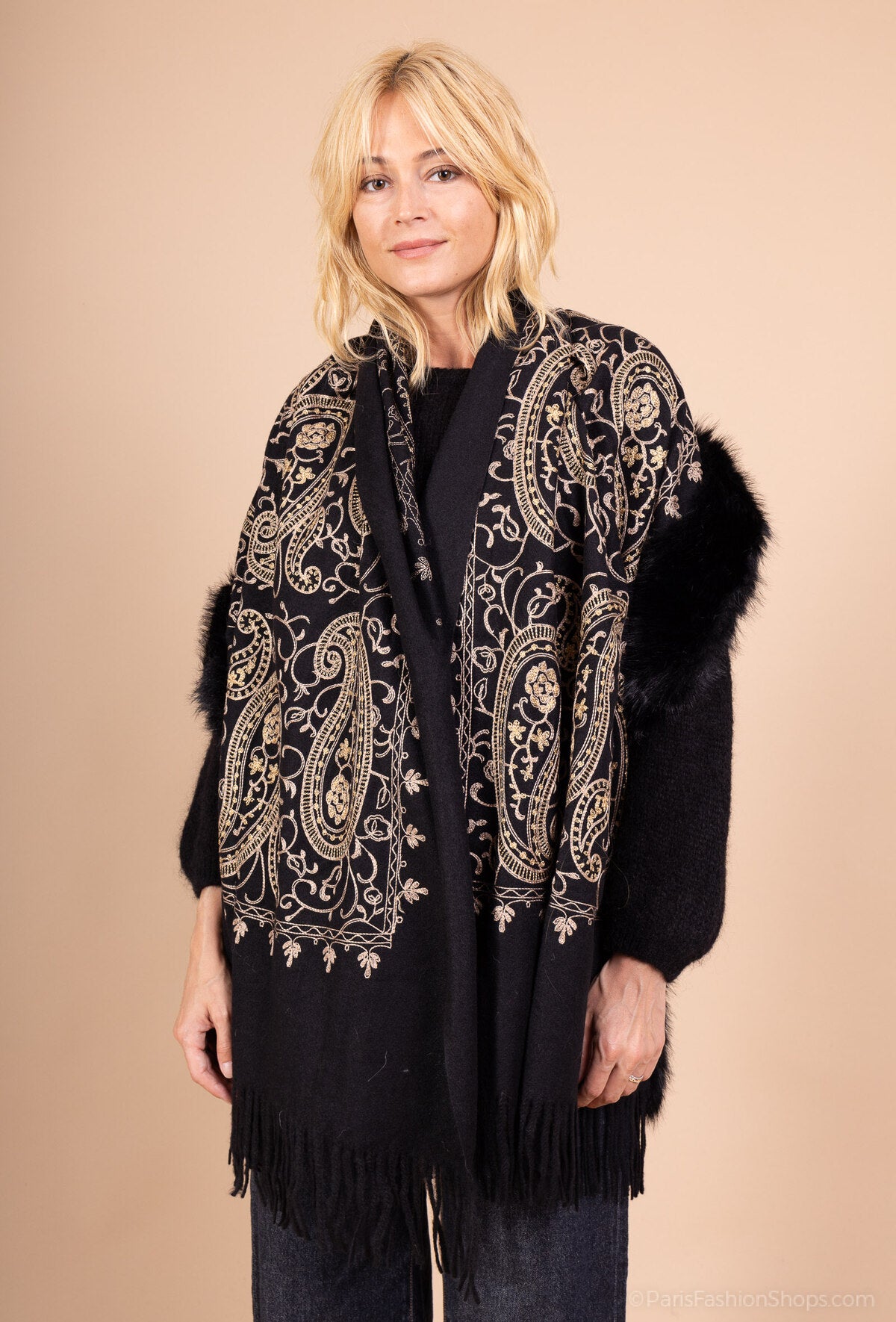 Adele embroidered black poncho fur trim cape