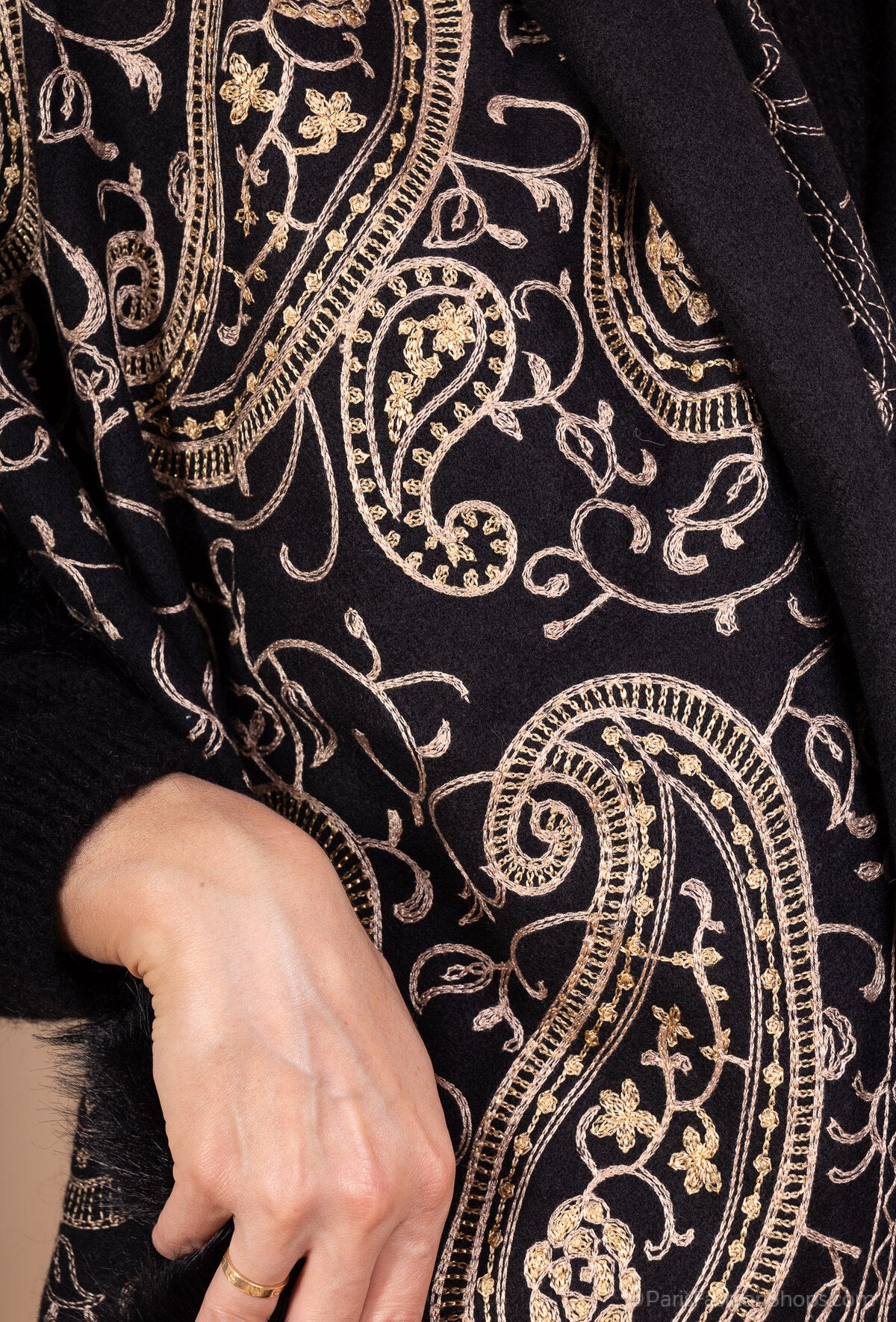 Adele embroidered black poncho fur trim cape