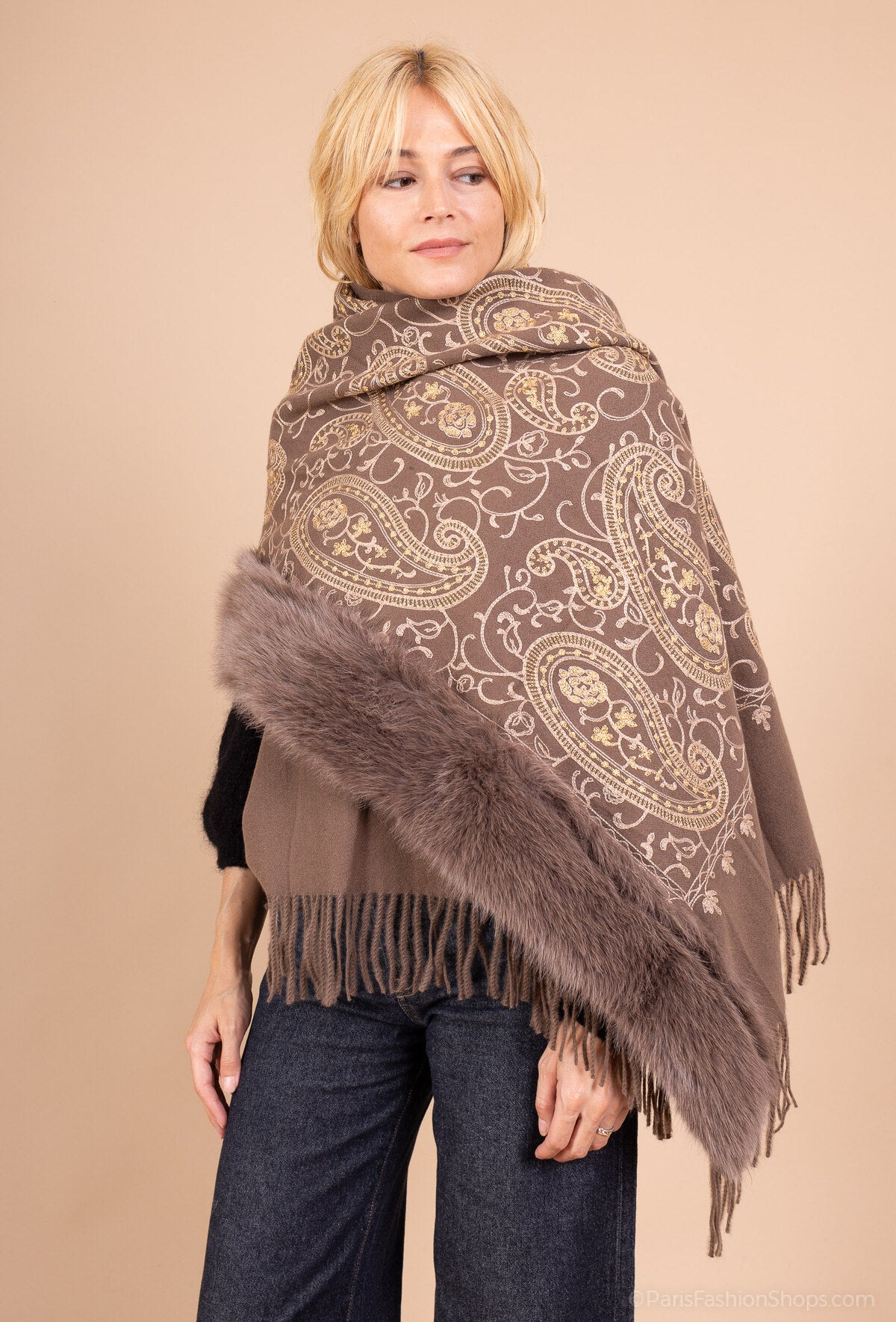 Adele embroidered taupe poncho fur trim cape scarf