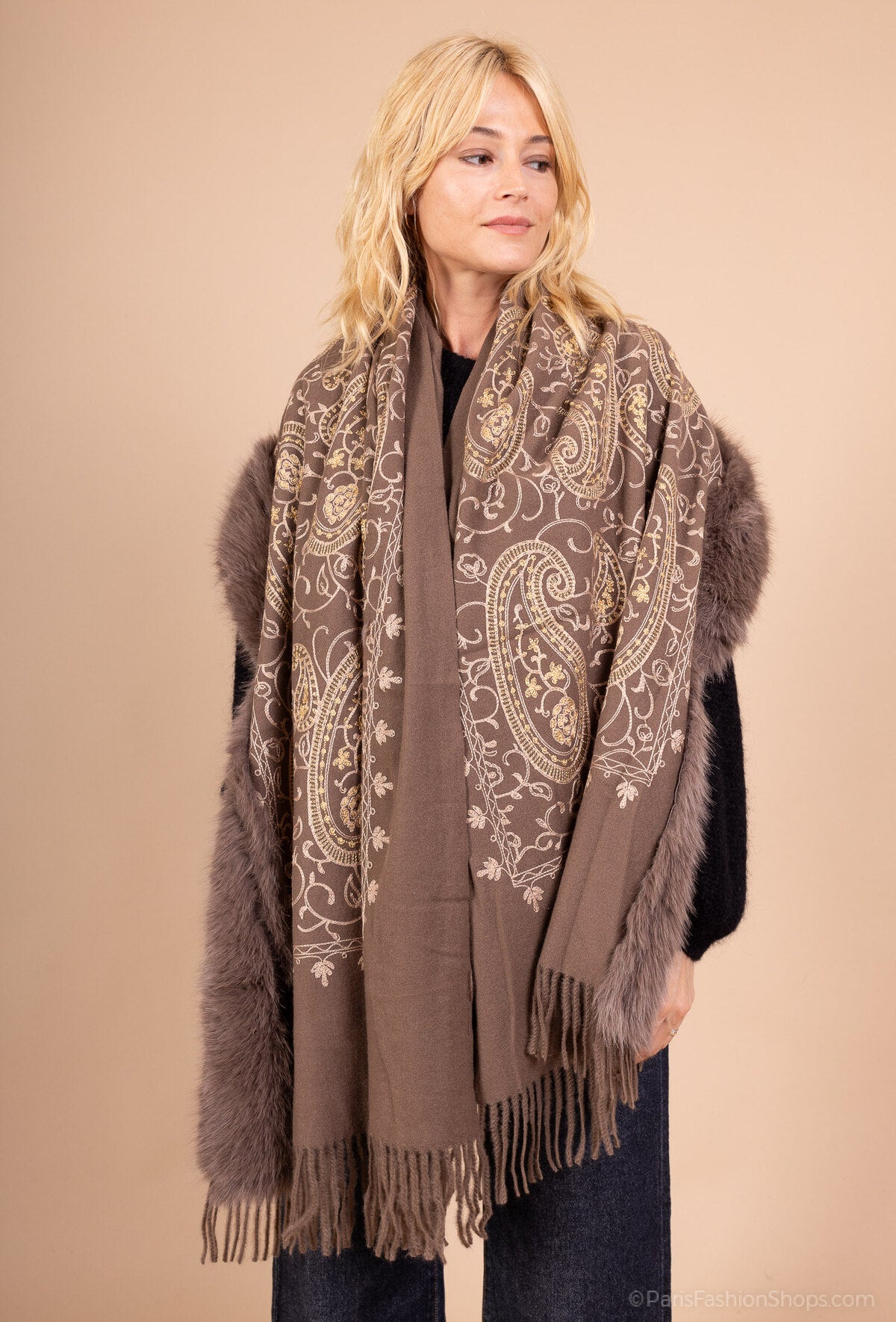 Adele embroidered taupe poncho fur trim cape scarf