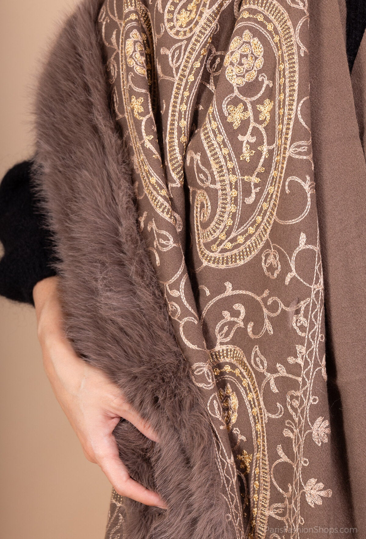Adele embroidered taupe poncho fur trim cape scarf