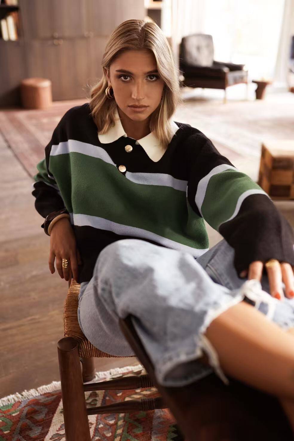 Milly rugby polo with gold buttons (black and green)