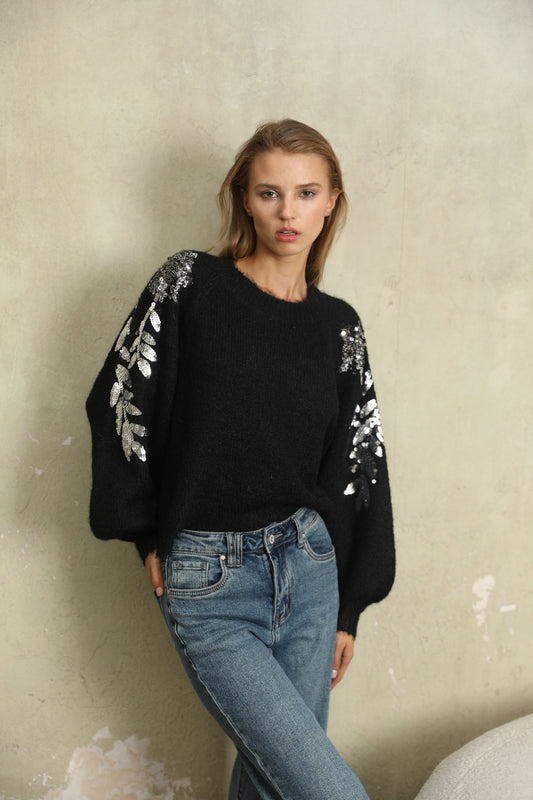 Mathilda black mohair jumper with sequin sleeves