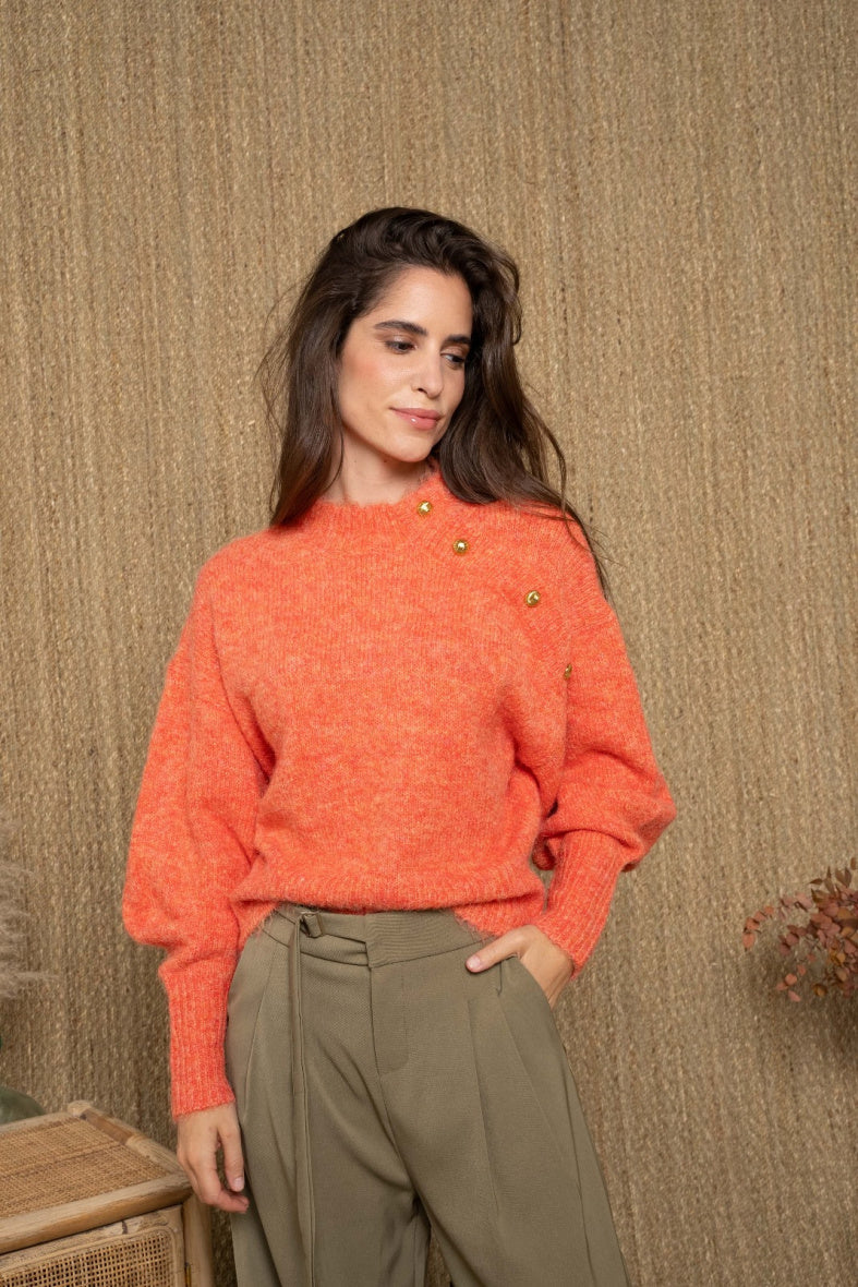 Martine orange gold button neckline jumper