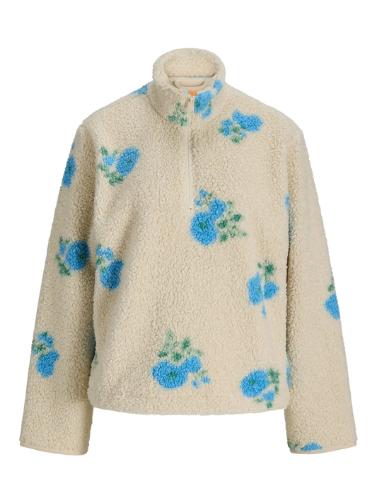 Blue flowers half zip teddy fleece jacket