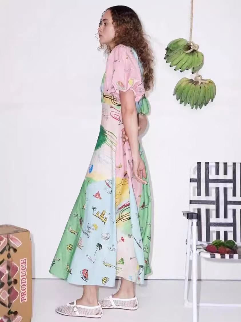 Vacation house puff sleeve organic linen dress