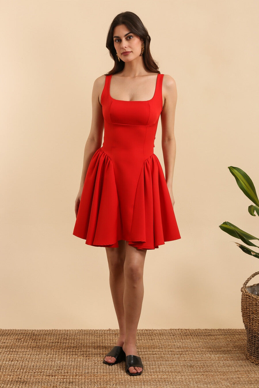 Celia red short flared dress with bow