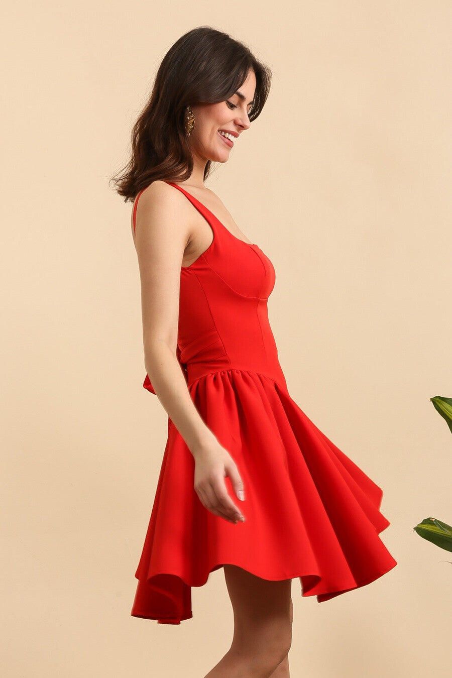 Celia red short flared dress with bow