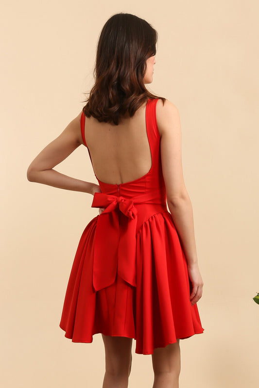 Celia red short flared dress with bow