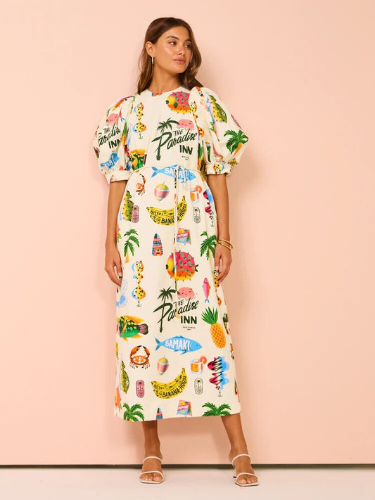 The Paradise Inn puff sleeve organic linen dress