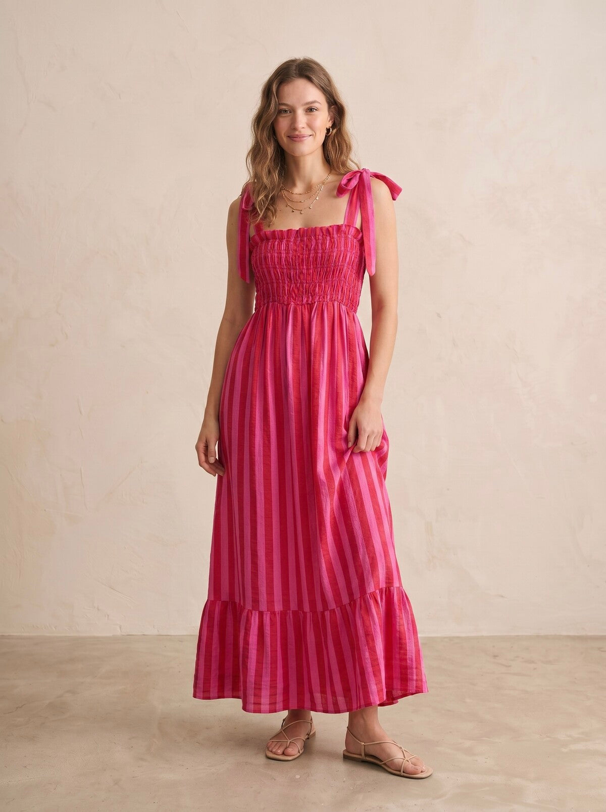 Molly red & pink stripe bow strap dress