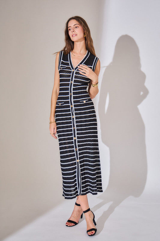 Sophie black stripe long dress with gold buttons