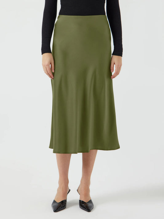 YASPELLA midi satin olive green slip skirt