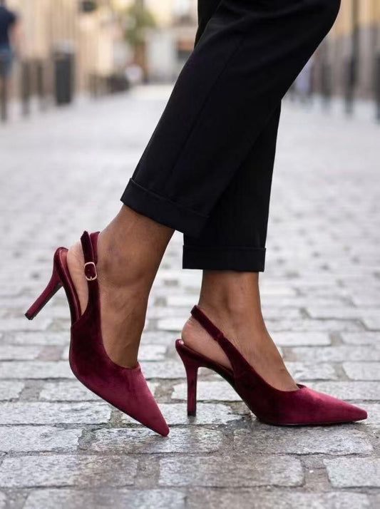 Burgundy velvet sling back heels