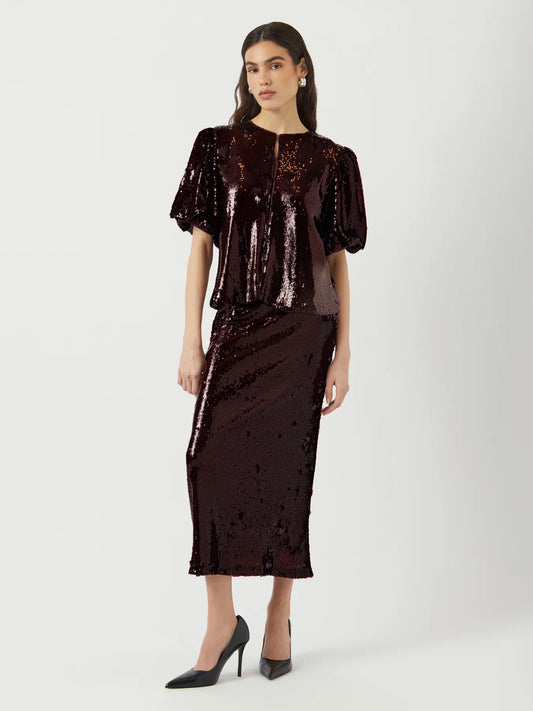 YASROYALINA BURGUNDY WET LOOK SEQUIN ANKLE SKIRT