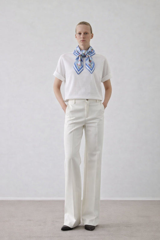 Martha white tshirt with blue neck scarf