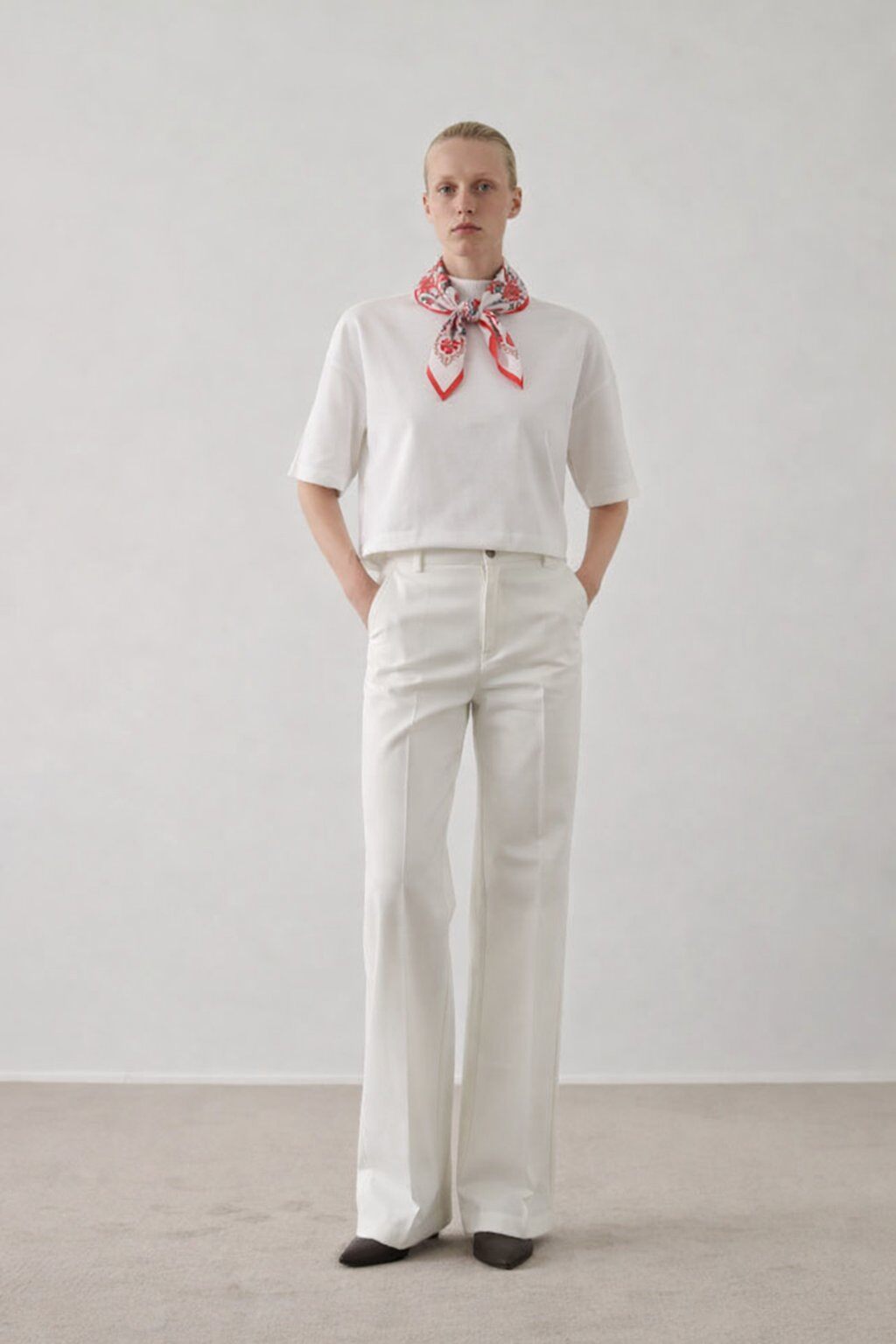Martha white tshirt with red neck scarf