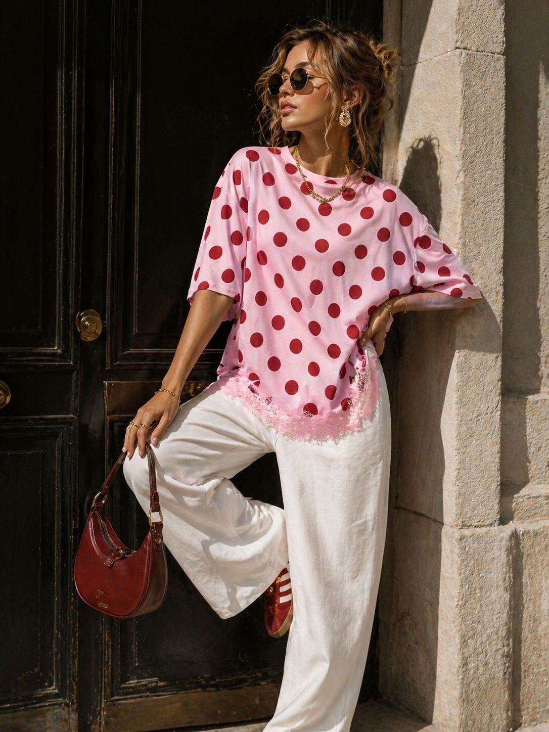 Blake pink polka dot tshirt with lace trim