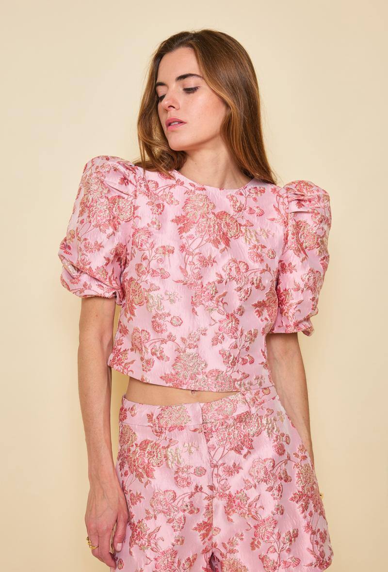 Olivia pink jacquard balloon sleeve top