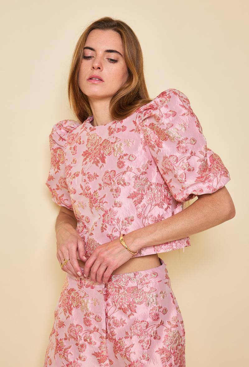 Olivia pink jacquard balloon sleeve top