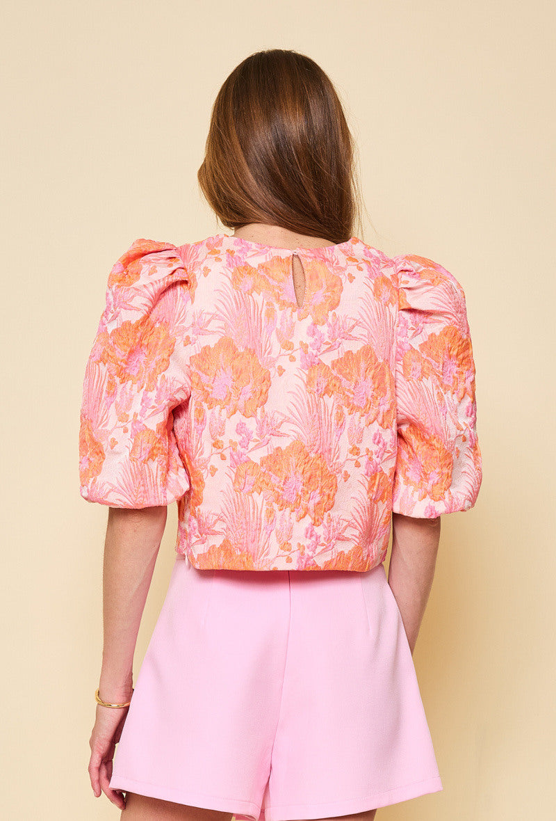 Emily jacquard orange and pink puff sleeve top
