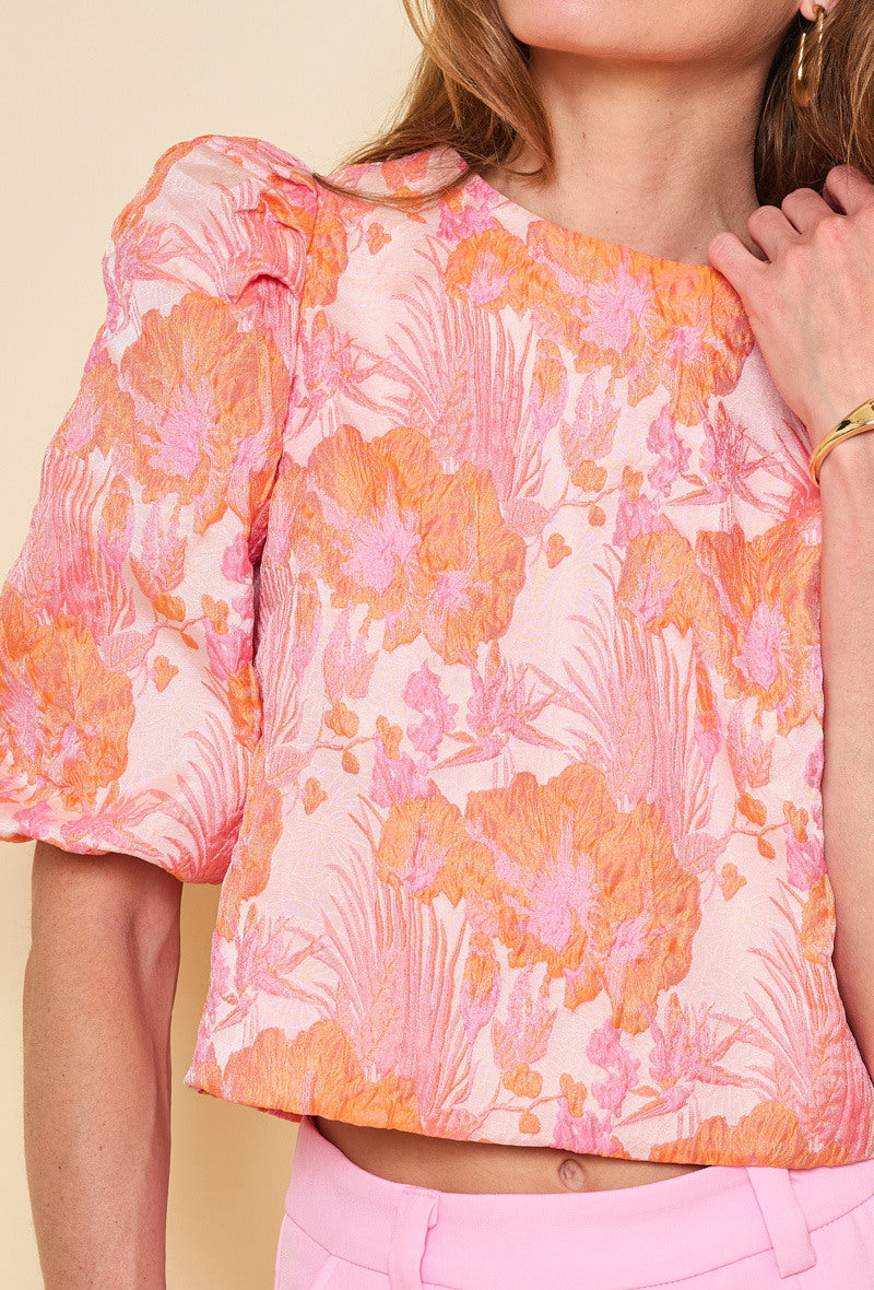 Emily jacquard orange and pink puff sleeve top