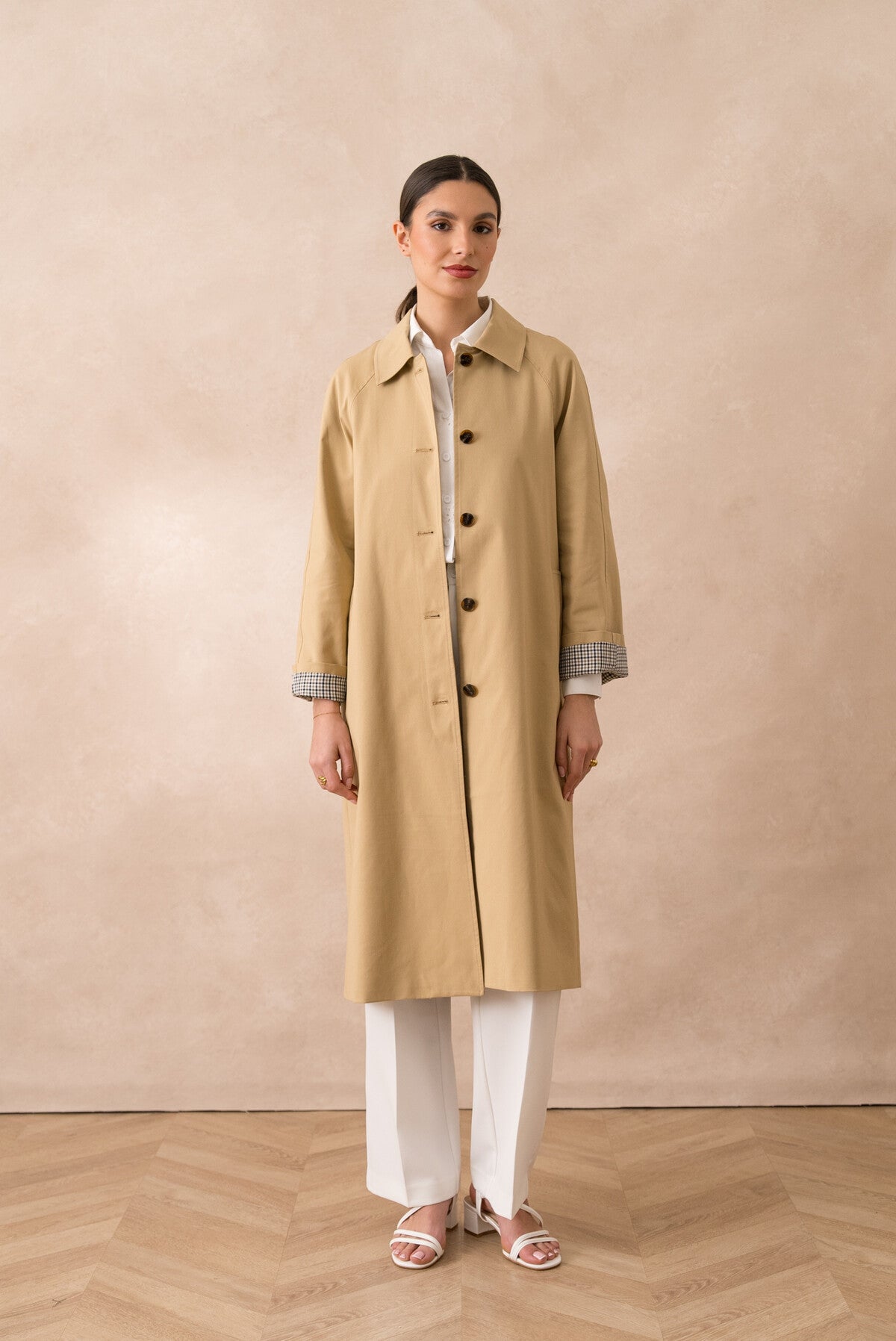 Beth long trench coat with chequered lining