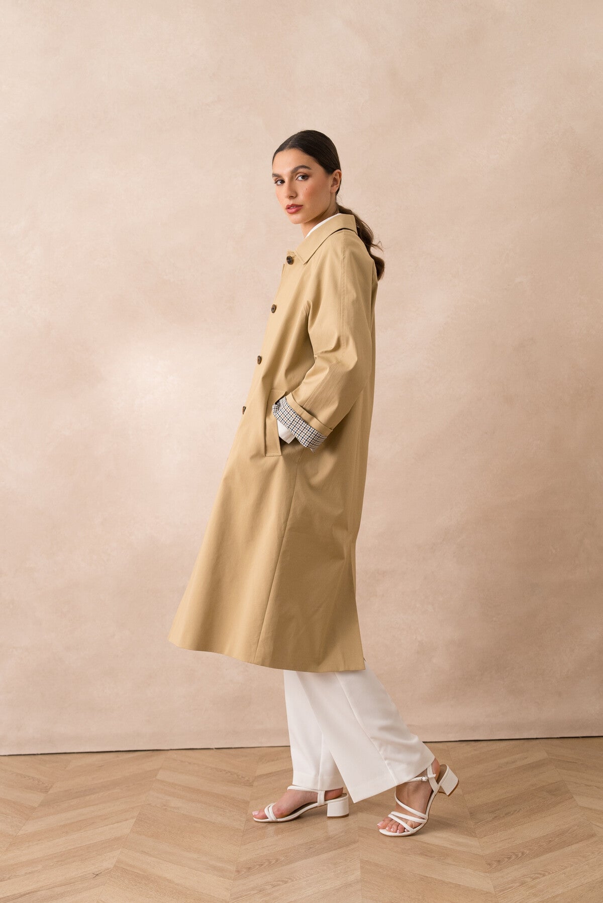 Beth long trench coat with chequered lining