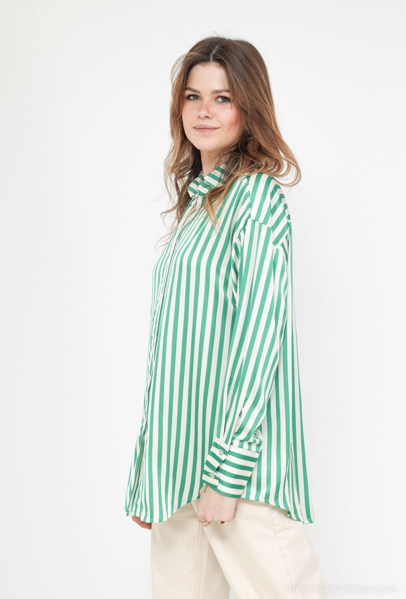 Brigitte satin striped green poplin shirt