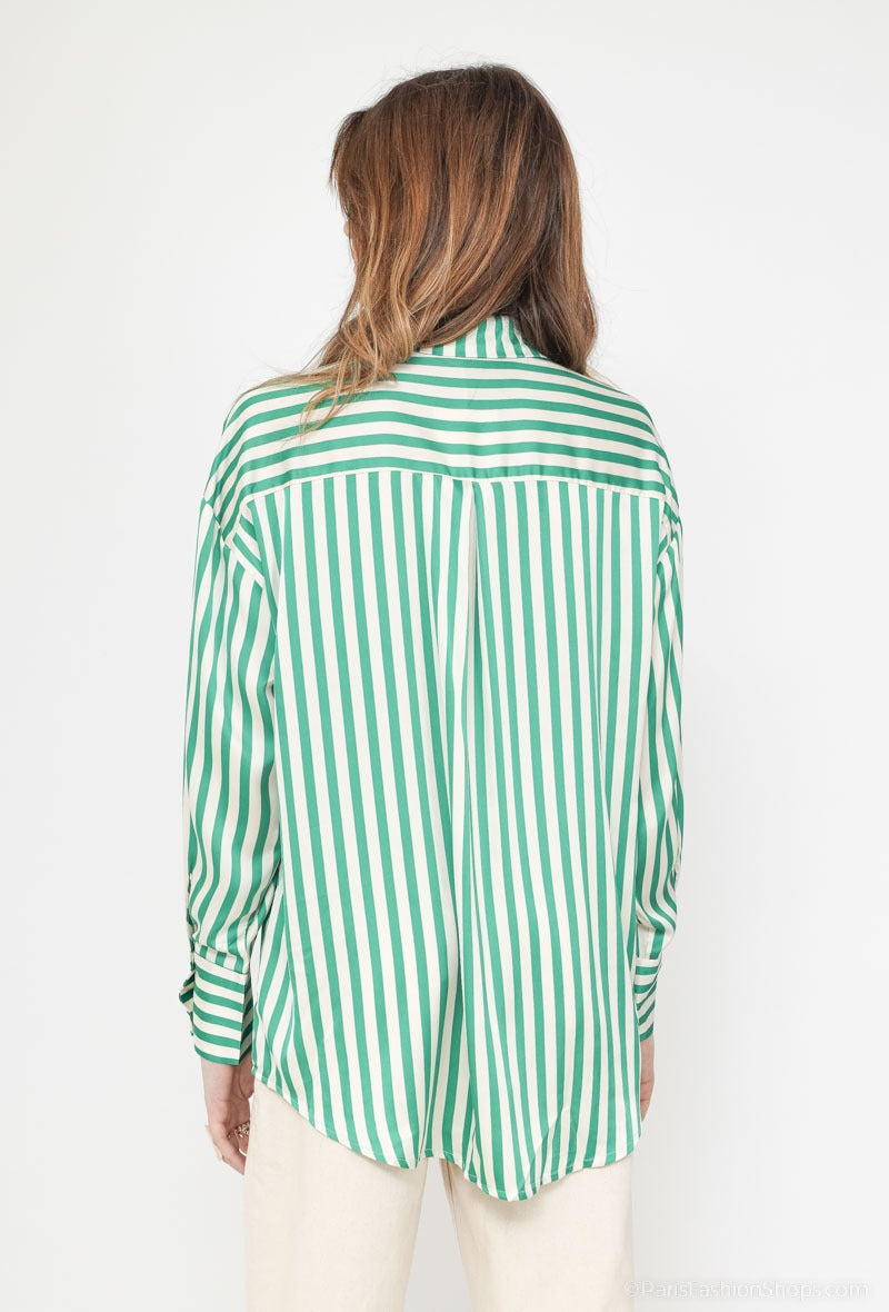 Brigitte satin striped green poplin shirt