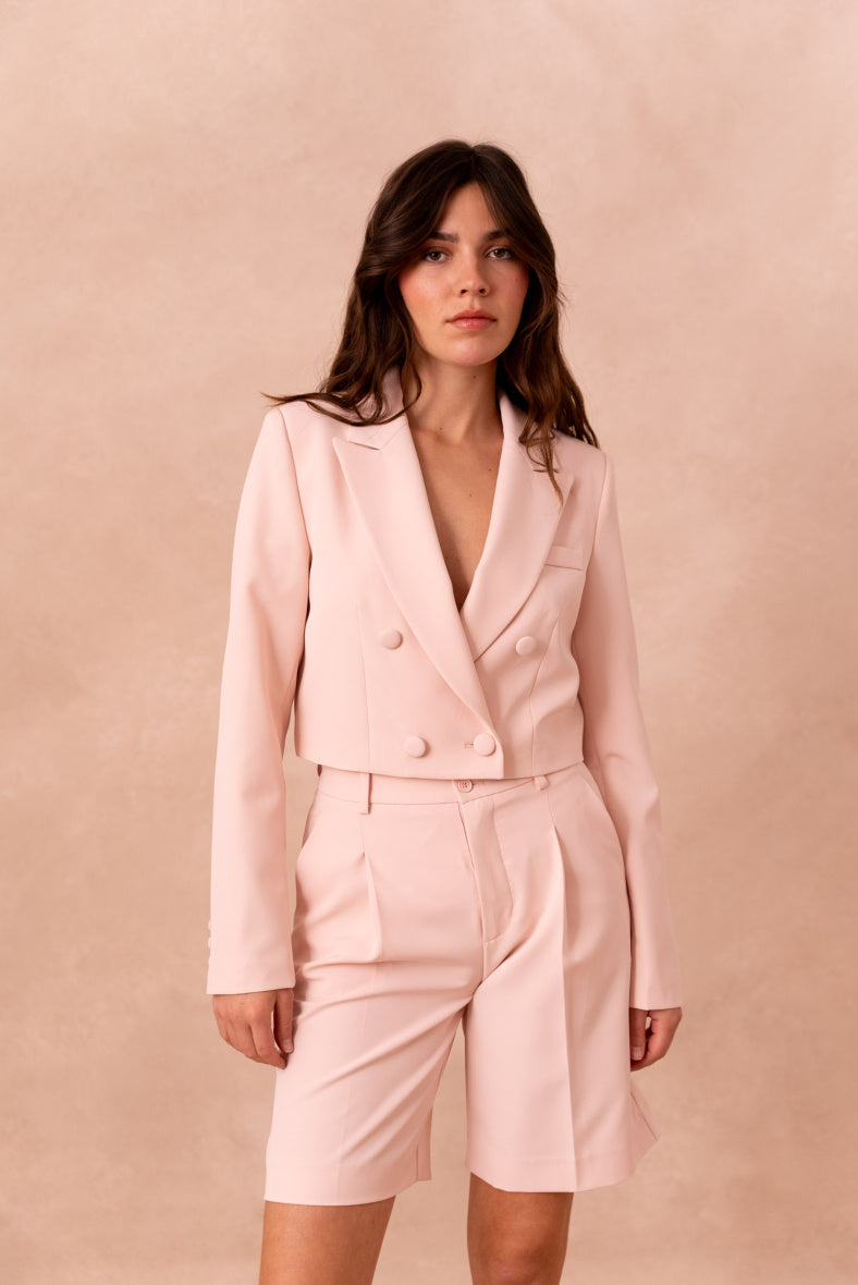 Powder pink cropped double-breasted blazer jacket