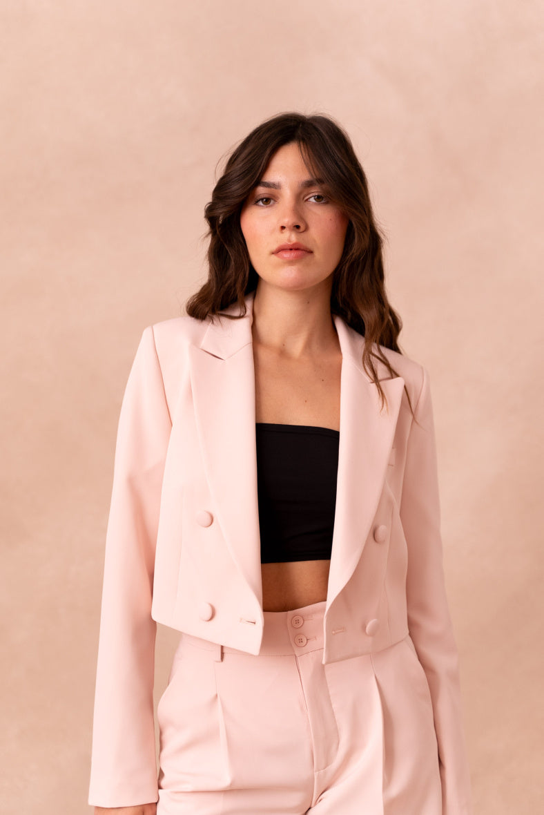 Powder pink cropped double-breasted blazer jacket