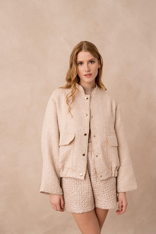 Clara nude sequin tweed bomber jacket