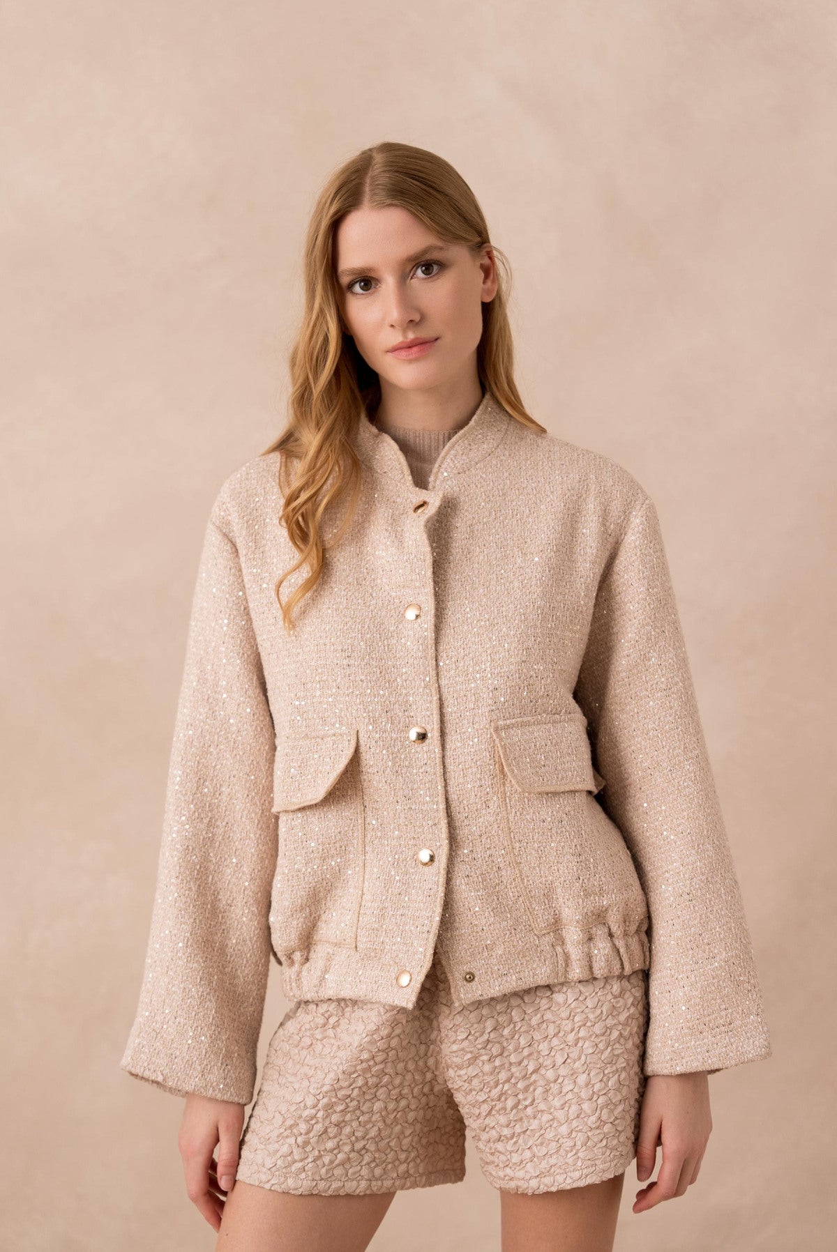 Clara nude sequin tweed bomber jacket